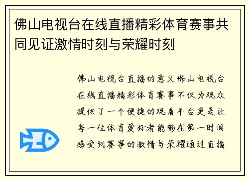 佛山电视台在线直播精彩体育赛事共同见证激情时刻与荣耀时刻