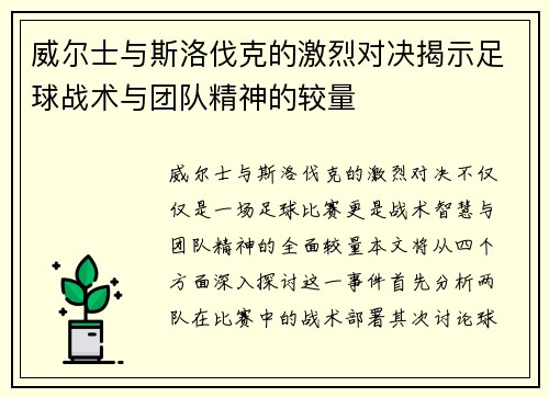 威尔士与斯洛伐克的激烈对决揭示足球战术与团队精神的较量